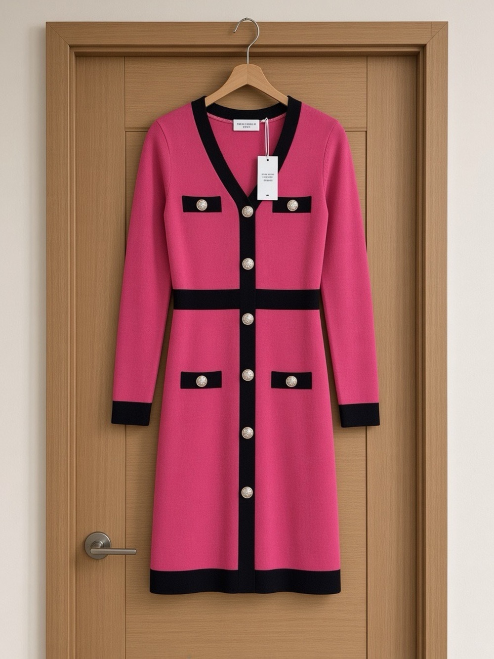 Elegant Pink Long-Sleeve Contrast-Trim Button Dress